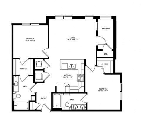 Floor plan for 2 beds, 2 baths, 1100 sqft